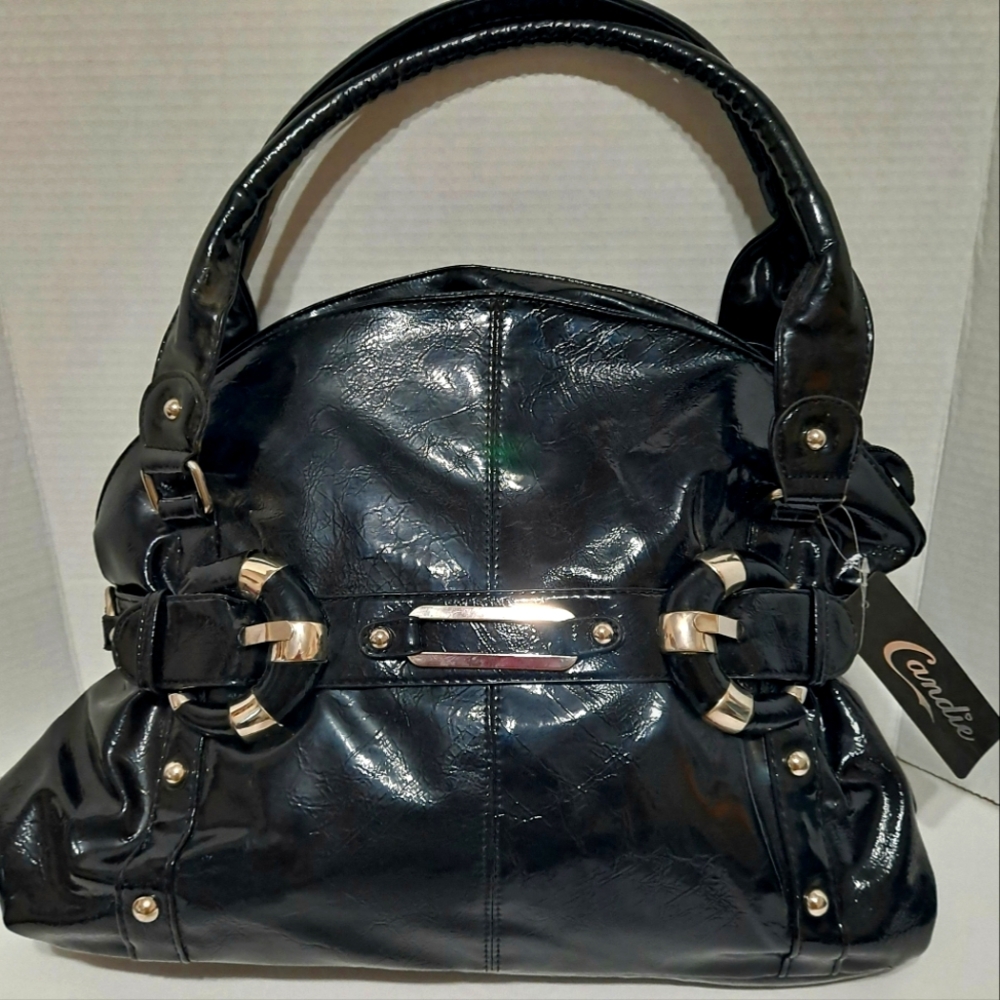 Candie's Large Black Handbag HOBO Tote Buckles Faux Patent Leather